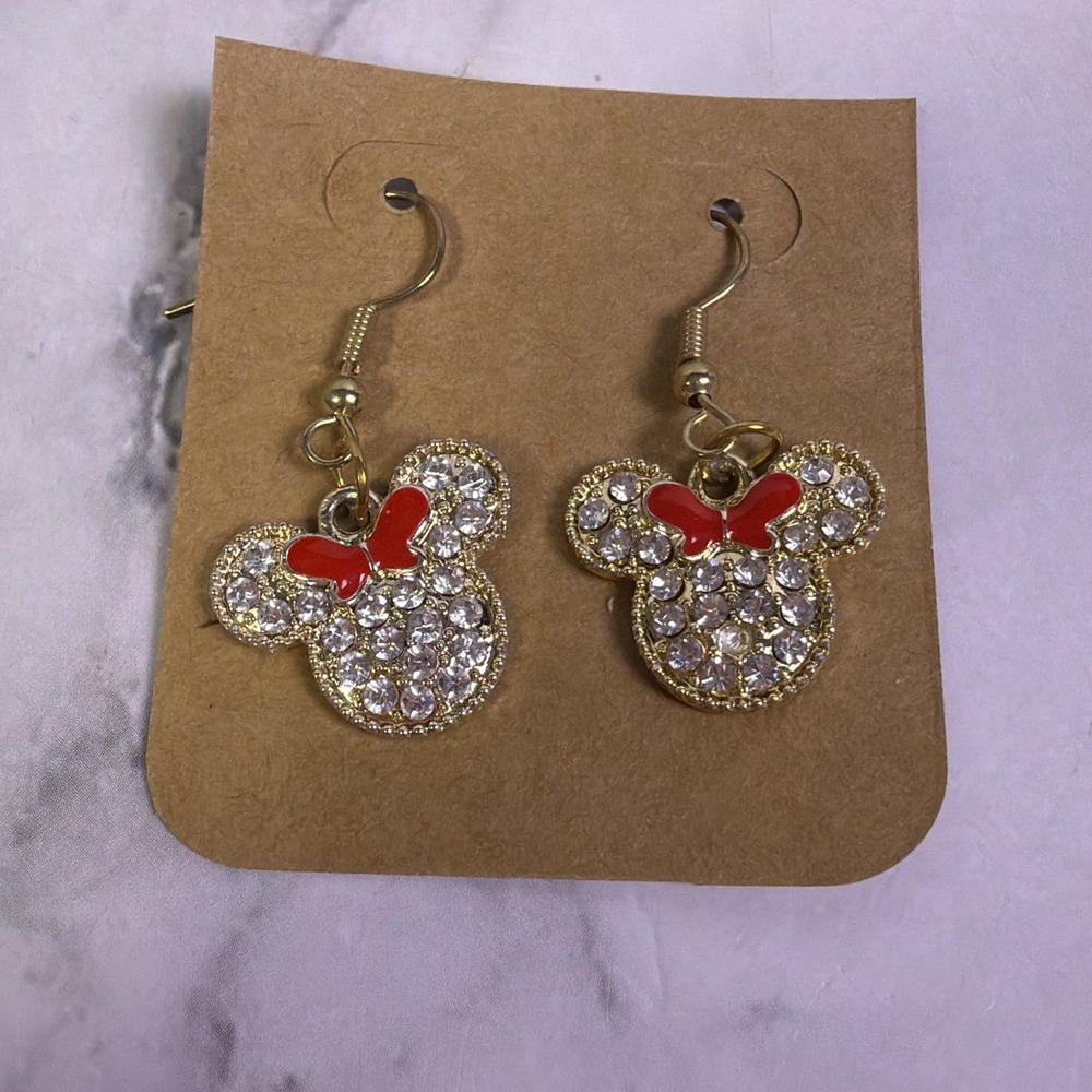 Disney Theme Minnie Mouse Red Bow Goldtone Rhinestone Pierced Earrings Dangle